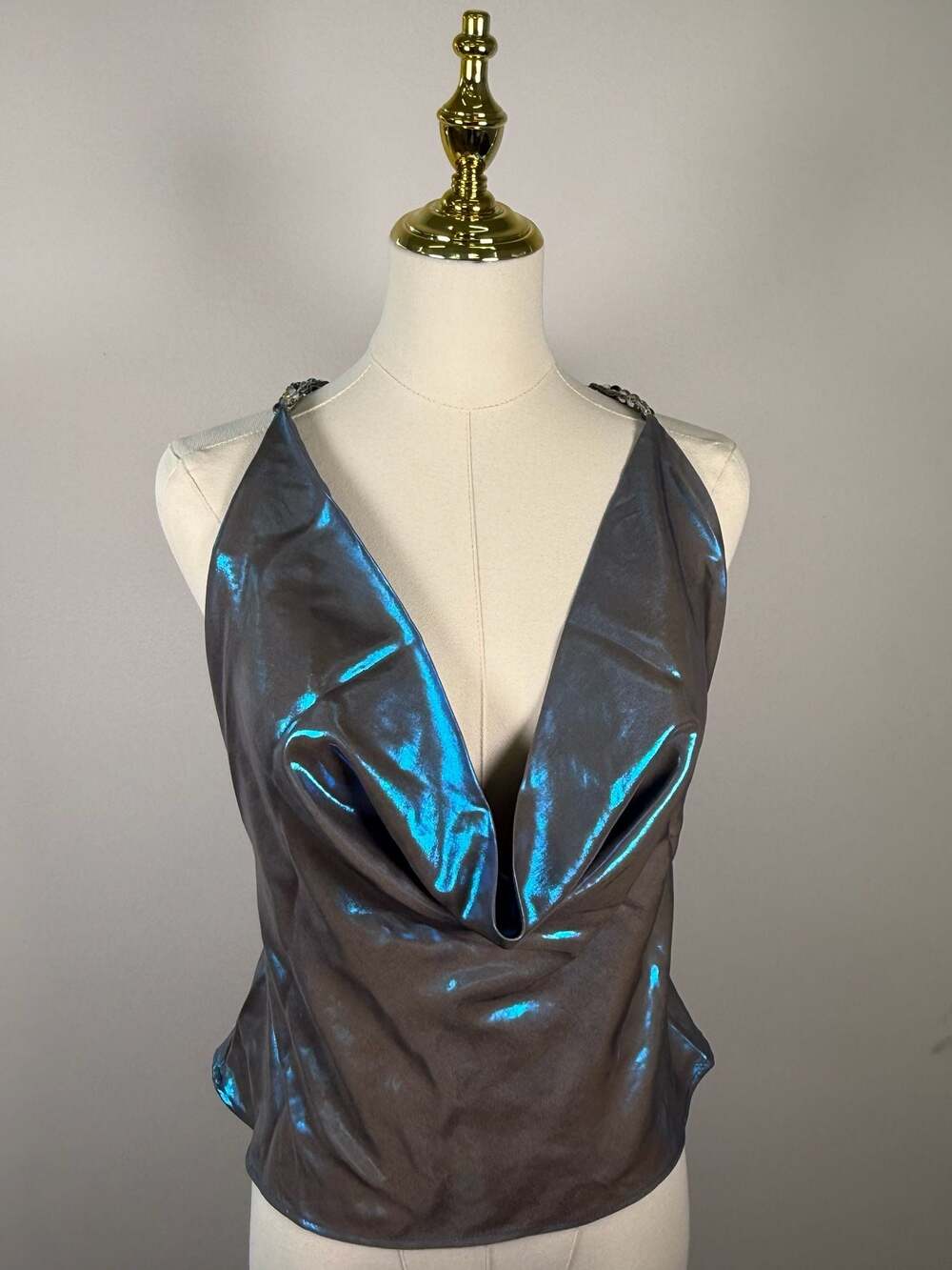 My Beachy Side Metallic Iridescent Cowl Neck Beaded Back Top Size M
